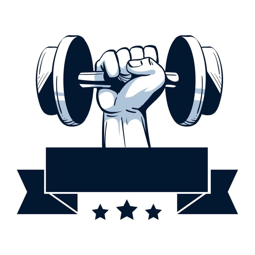 A hand holding a dumbbell with a banner behind it vector