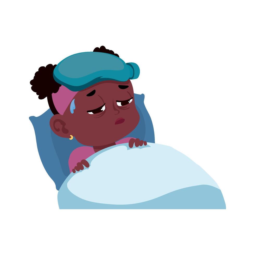 Sad african american girl in bed with a blue pillow vector