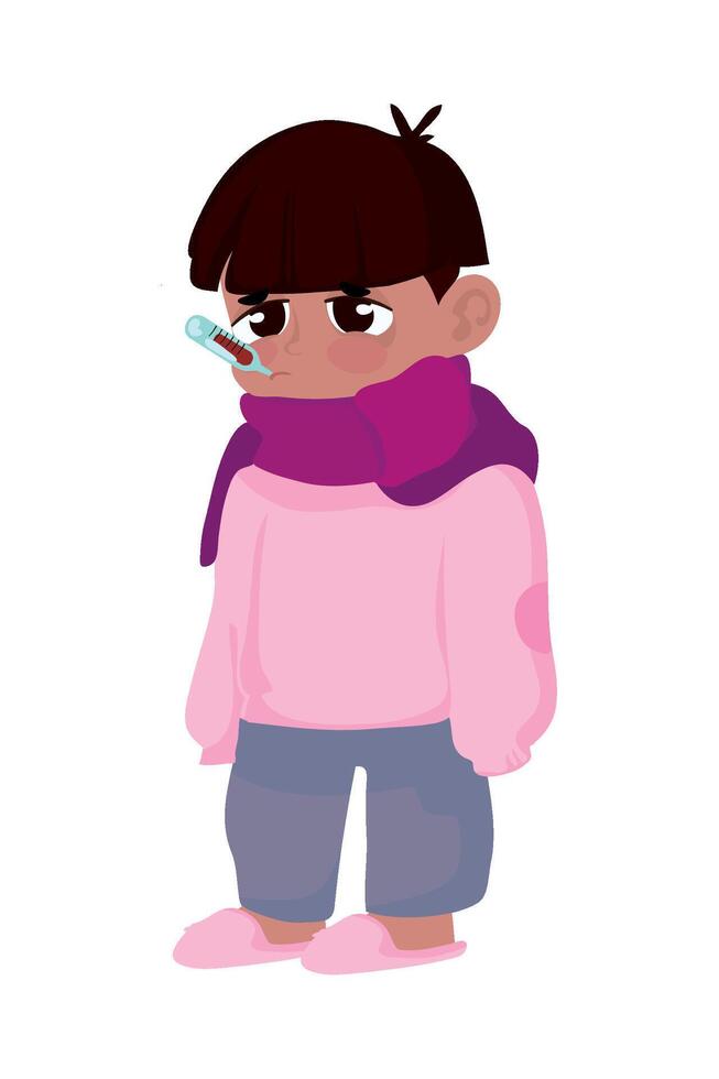 A cartoon girl with a thermometer in her mouth vector