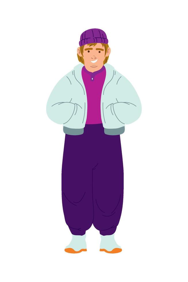 An illustration of a woman in purple pants and a purple jacket vector