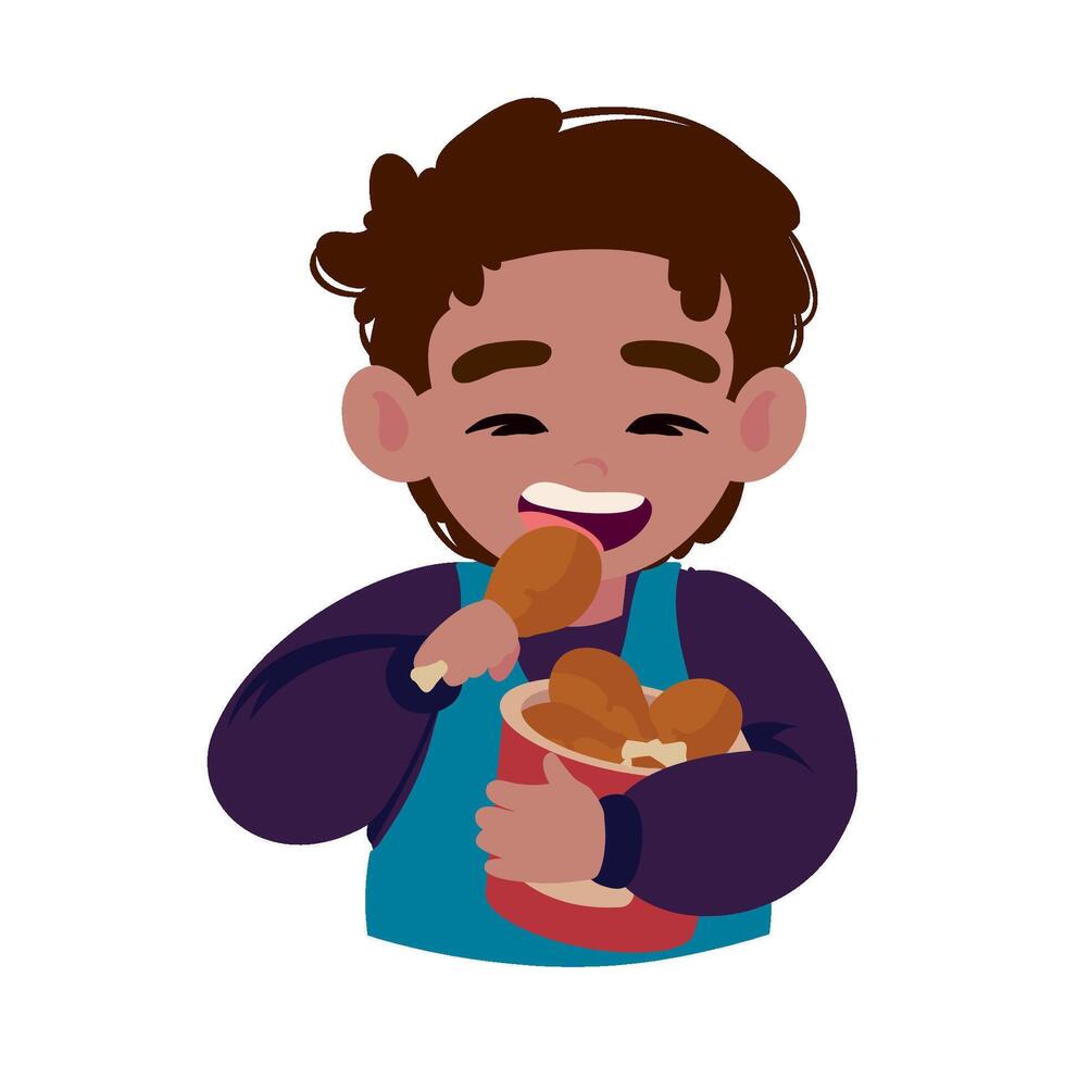A cartoon boy eating fried chicken vector