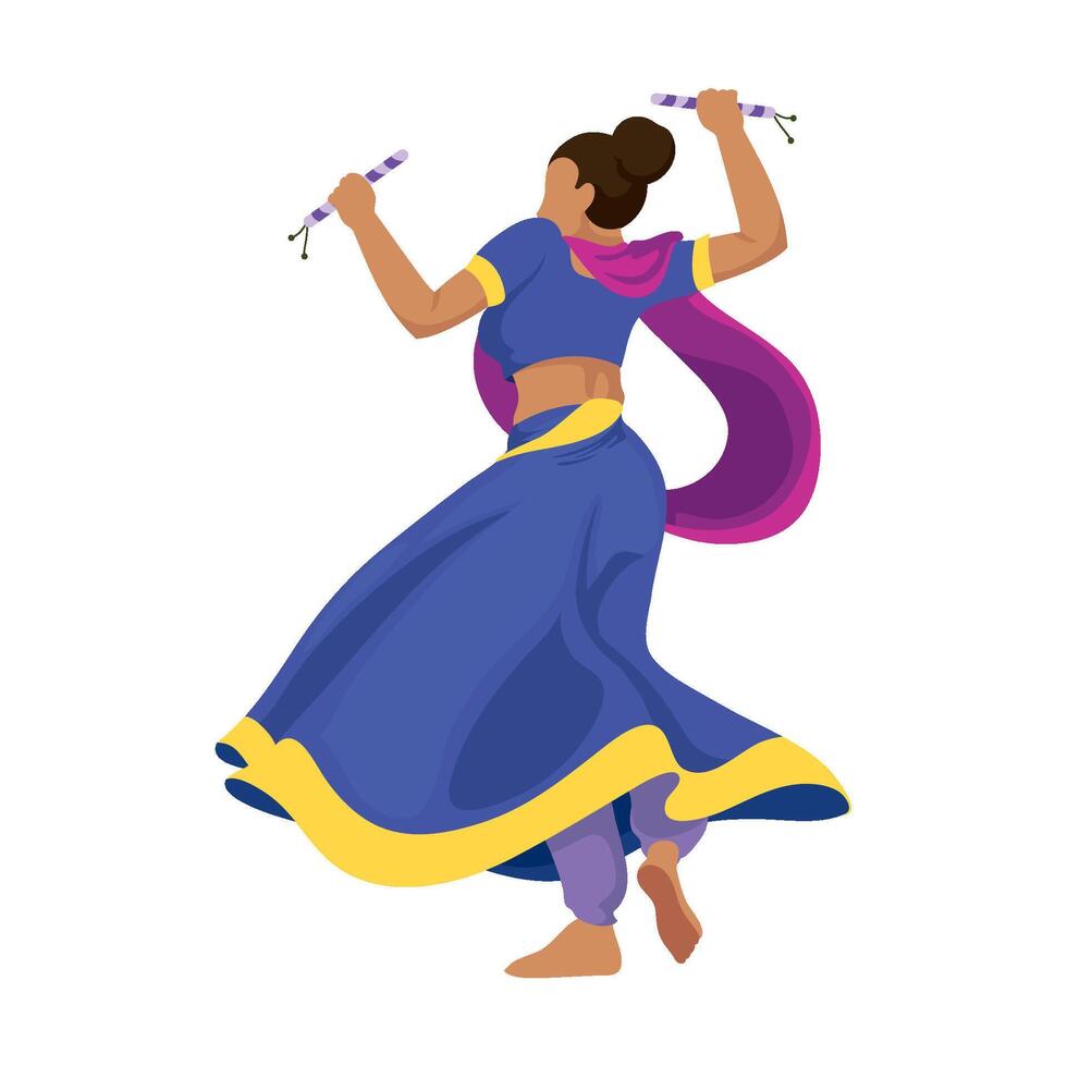 Indian woman dancing in blue dress with purple scarf vector