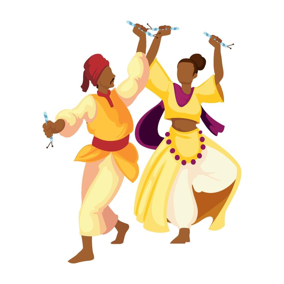 Two people in traditional costumes dancing together vector