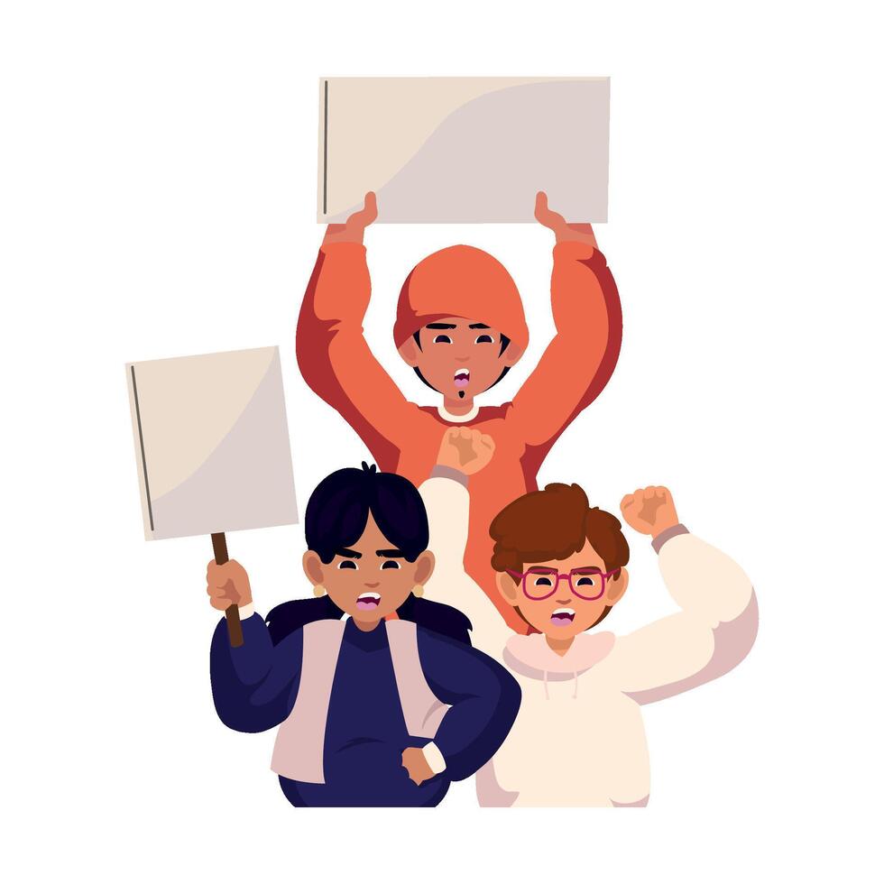 Three people holding up signs and holding up their hands vector