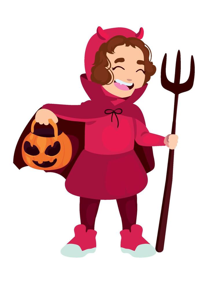 A cartoon devil girl holding a pitchfork and pumpkin vector