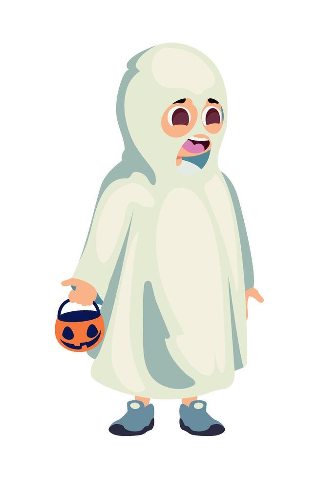 A cartoon ghost in a white costume holding a pumpkin vector