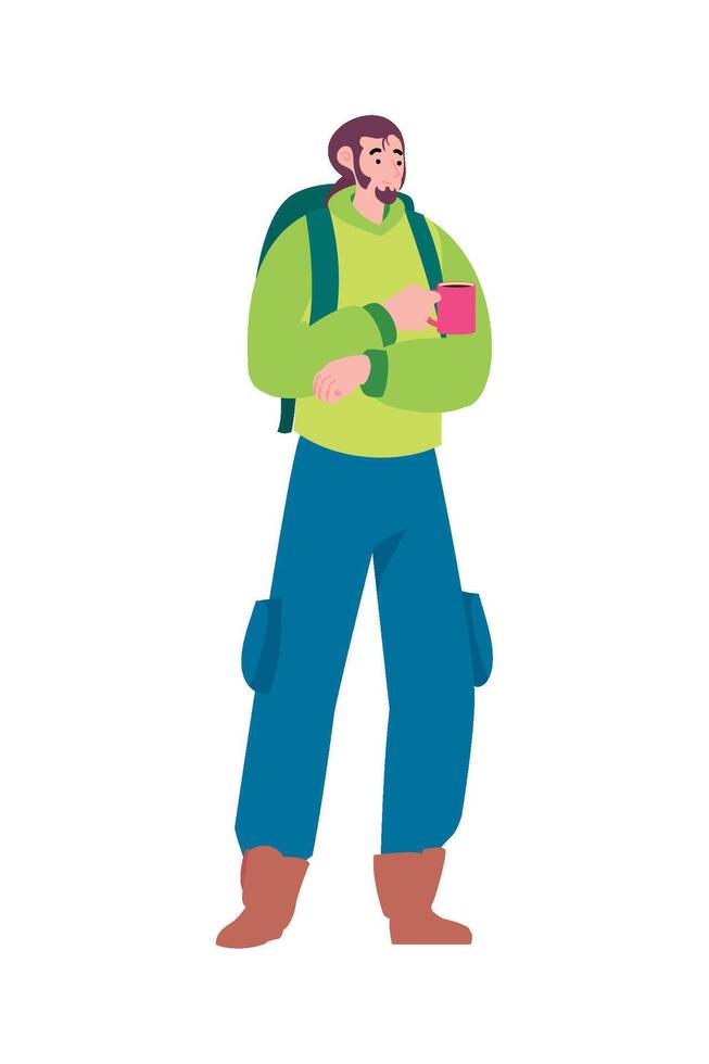 A man with a backpack and a cup of coffee vector