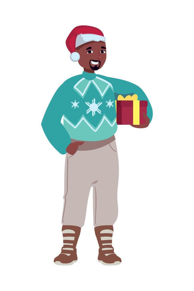 A cartoon man in a christmas sweater holding a gift vector