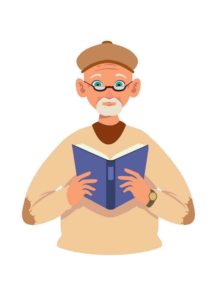 An old man with glasses and a hat is reading a book vector