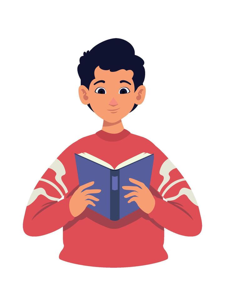 A boy reading a book on a white background vector