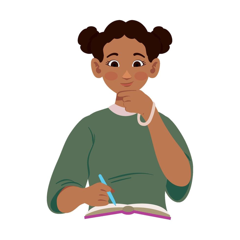 An illustration of a girl with a pen and notebook vector