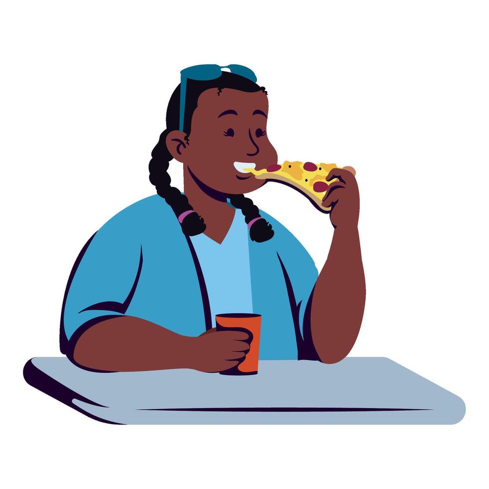 An illustration of a woman eating pizza vector