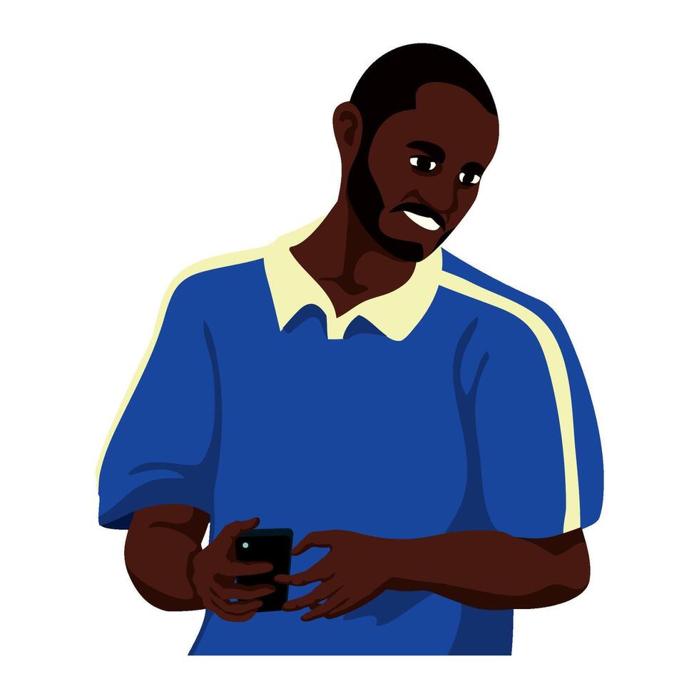 An illustration of a man in a blue shirt holding a cell phone vector