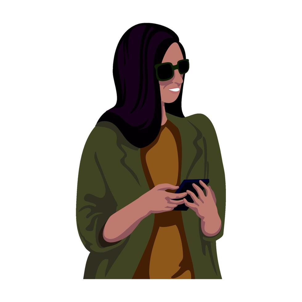 A woman in sunglasses and a green jacket is holding a phone vector