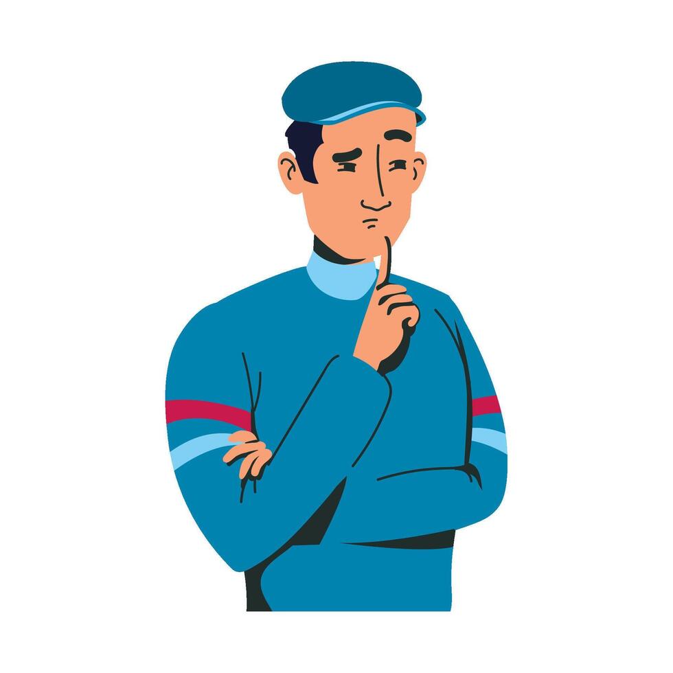 A cartoon man in a blue uniform is thinking vector