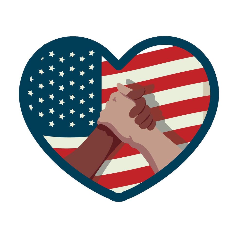 Two hands holding hands in front of an american flag vector