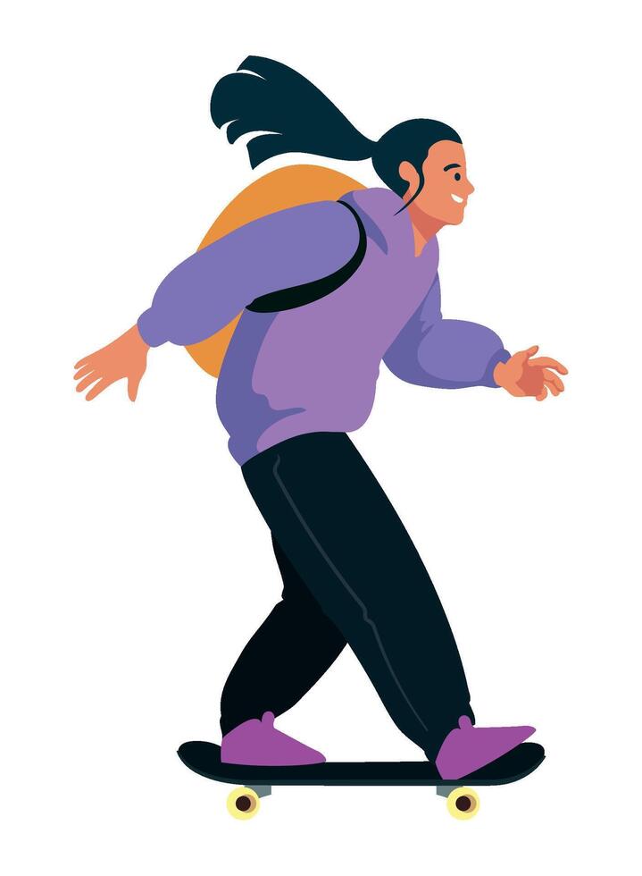 A girl with long hair riding a skateboard vector