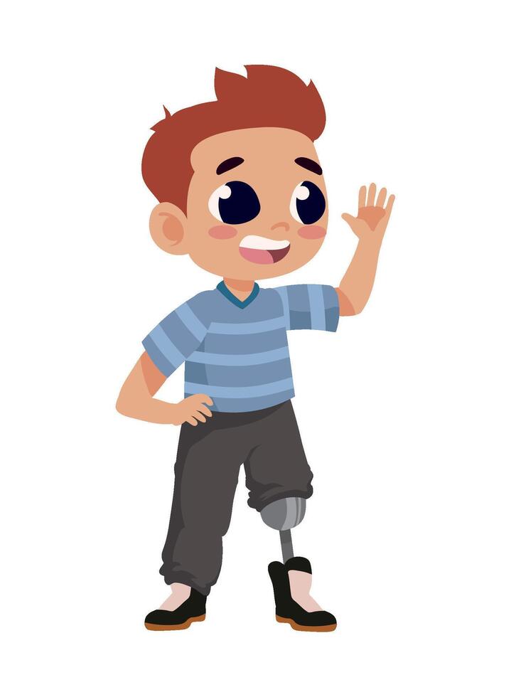 A cartoon boy with a prosthetic leg waving vector