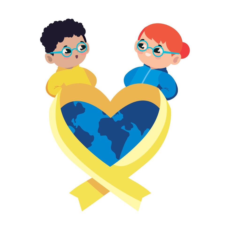Children with glasses holding a heart with a yellow ribbon vector