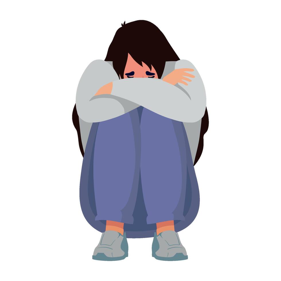 Sad woman sitting on the floor, isolated on white background vector
