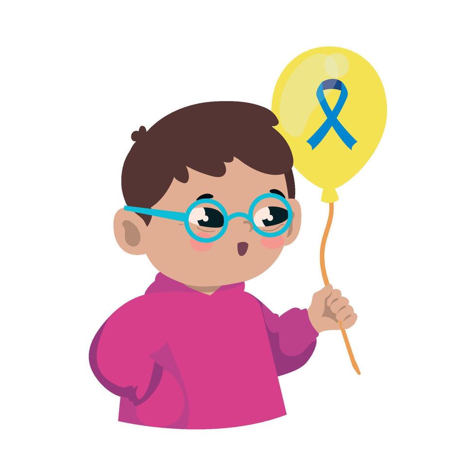 A boy with glasses holding a balloon with a blue ribbon vector