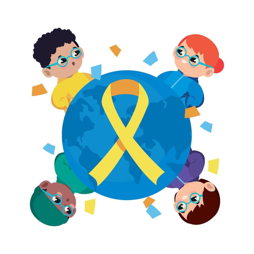 Children around the world with yellow ribbon vector