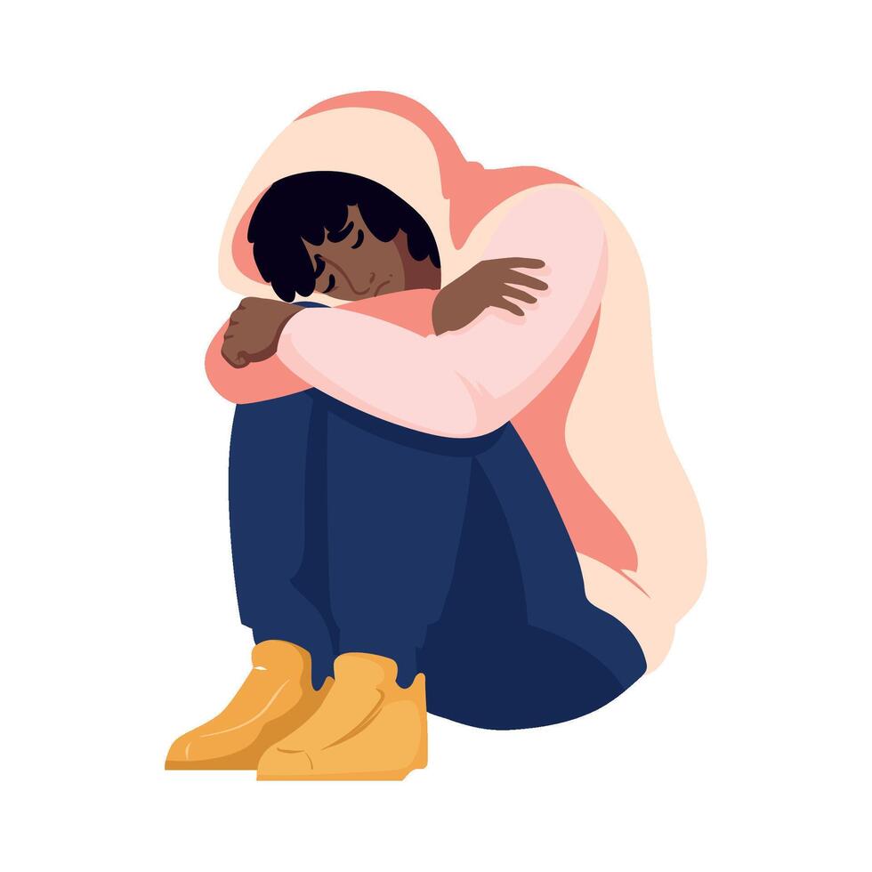 An illustration of a woman sitting on the floor with her head in her hands vector