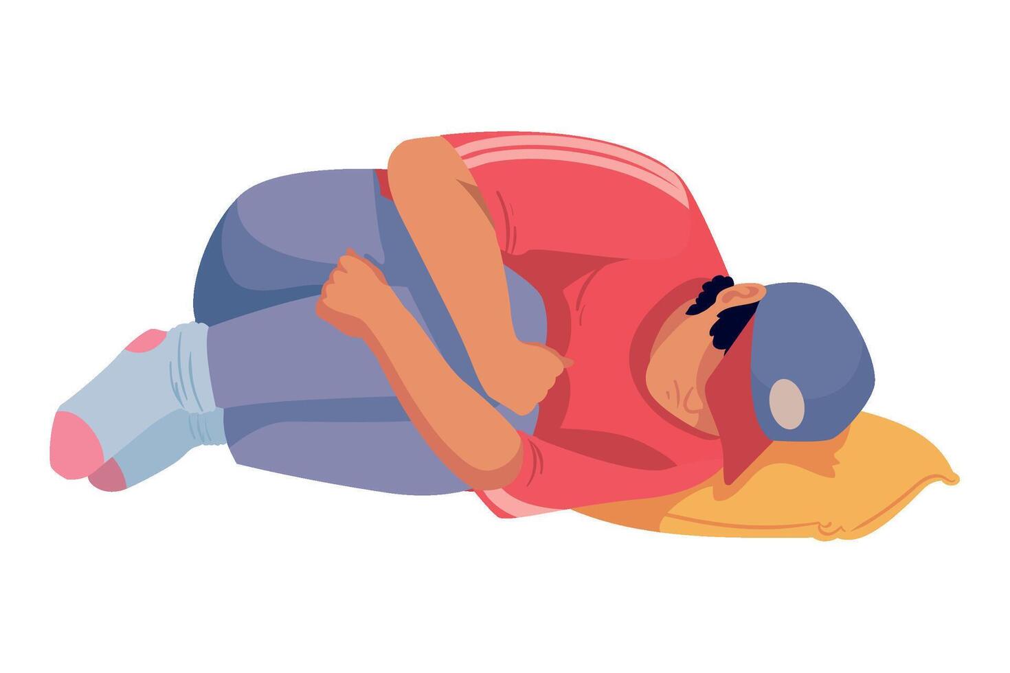 A man is sitting on a pillow and holding his stomach vector
