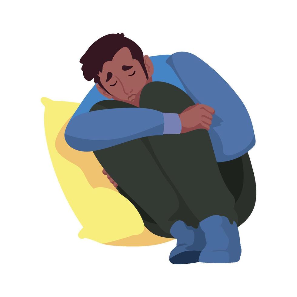 Sad man sitting on the pillow, isolated illustration vector