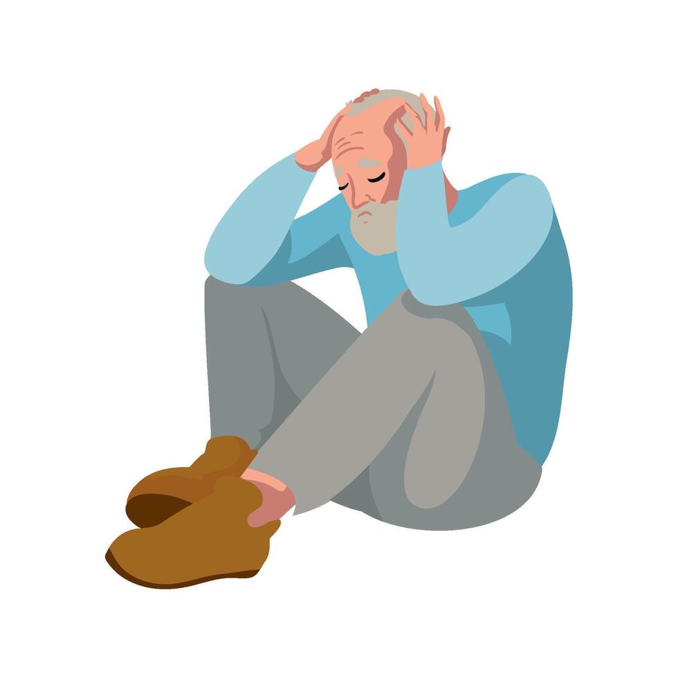 Sad old man sitting on the floor, depressed, isolated illustration vector