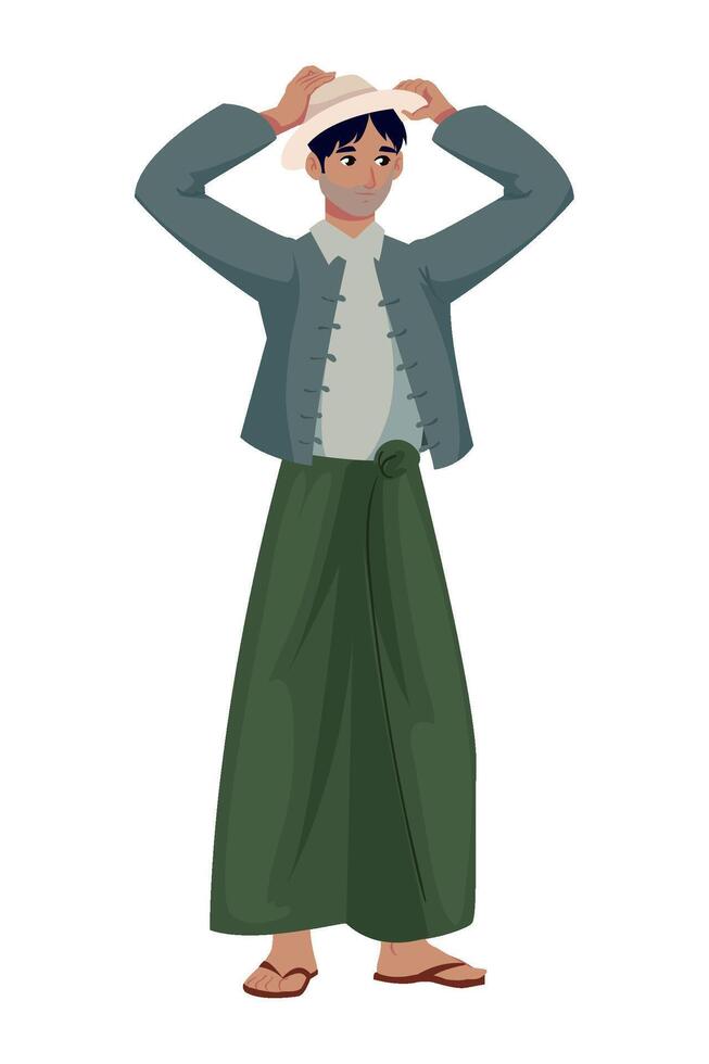 A man in traditional clothes is standing with his hands on his head vector