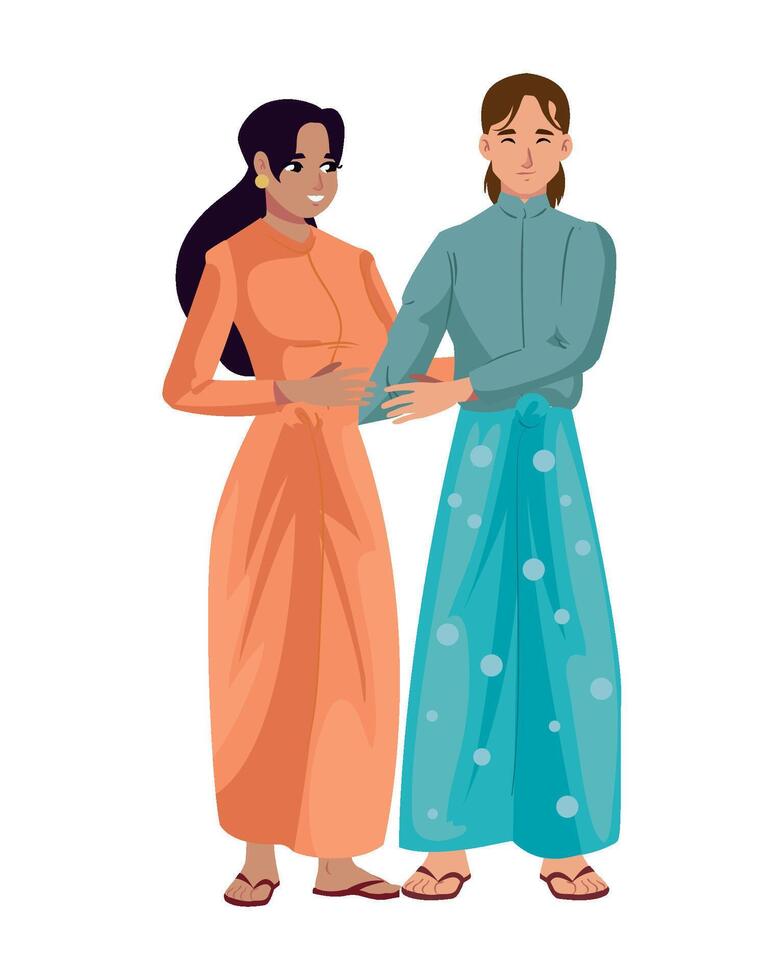 Two women in traditional clothing holding hands vector