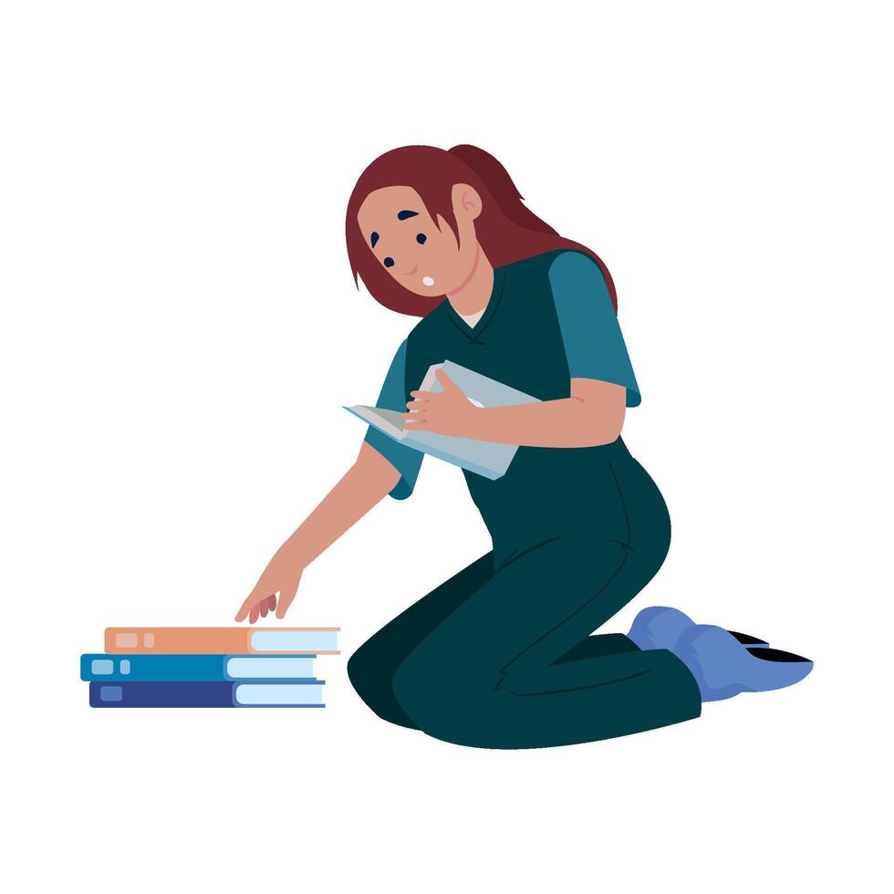 A woman sitting on the floor with books vector