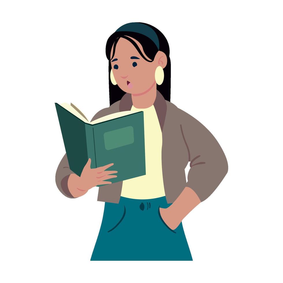 A woman reading a book on a white background vector
