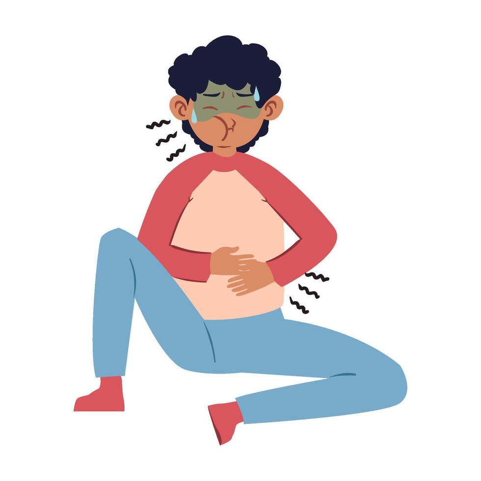 A woman with a stomachache sitting on the floor vector
