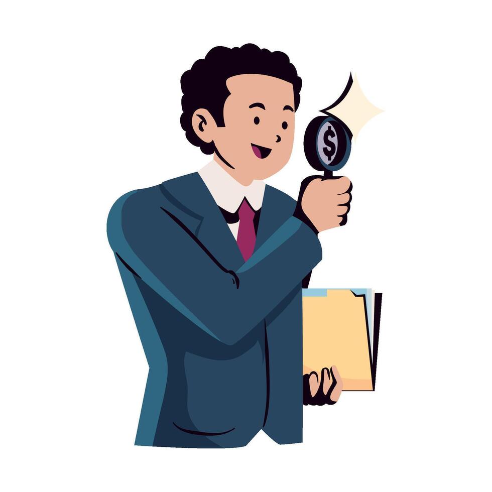 Businessman with magnifying glass looking at documents vector