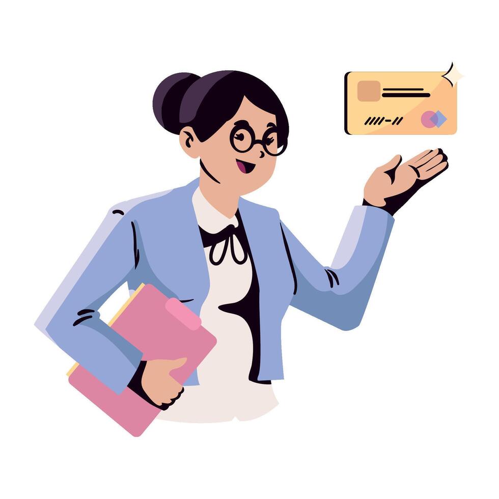 A cartoon woman holding a pink folder and a check vector