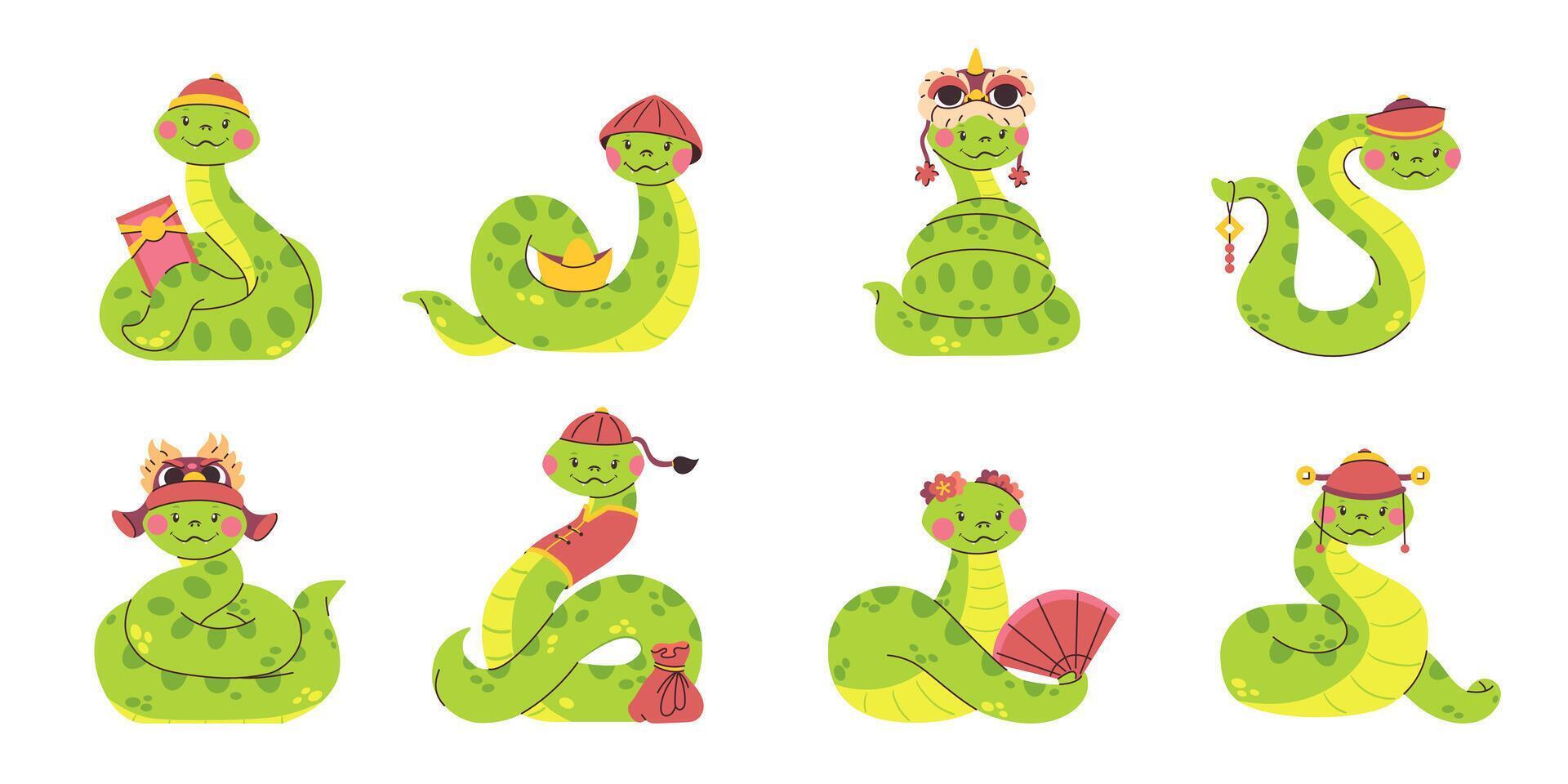 Cute green snake character collection, Chinese zodiac symbol with accessories, 2025 new year animal vector