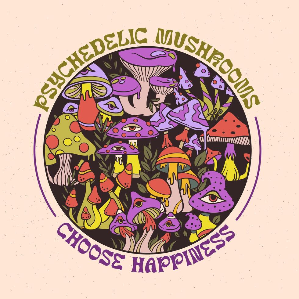 Trippy psychedelic mushroom print design for stationery and t-shirts, cute doodle sketch hand drawn style, illustration vector