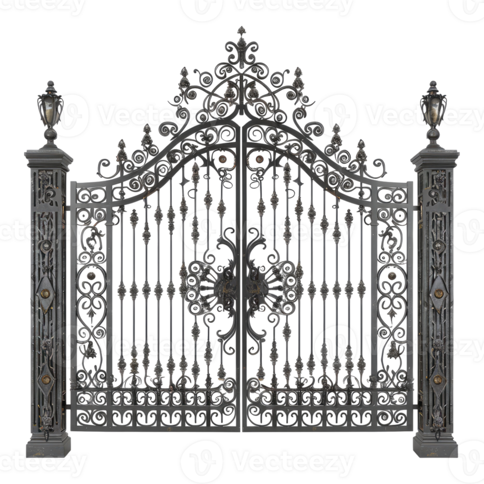 Classic black metal gate isolated on transparent background. png