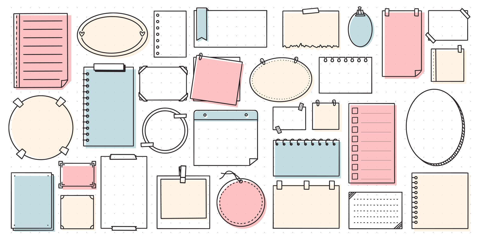 Bullet journal element frames, notes, stickers. Hand drawn for notebook, planner or diary. Frames, borders, vignettes, dividers, notes, lists collection. vector