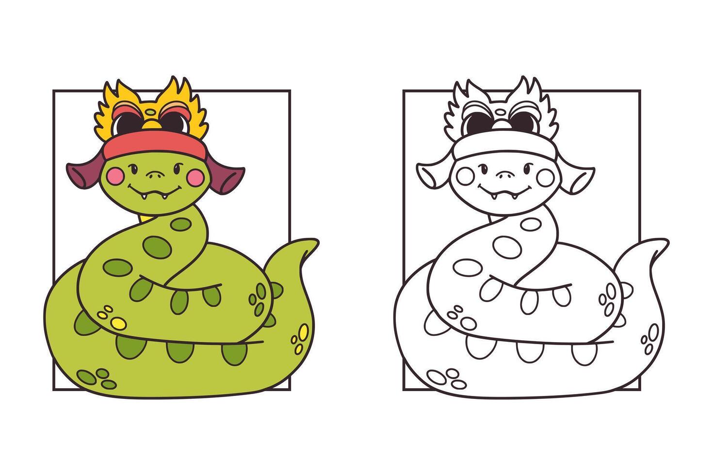 Cute friendly Chinese new year snake colouring page for kids, simple thick lines for preschool and kindergarten, coloured version included, illustration vector