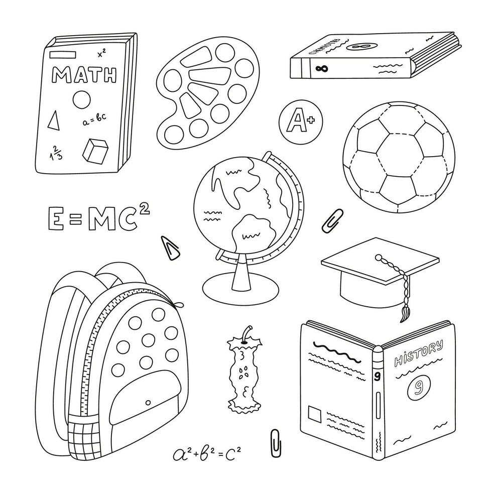 Cute doodle set with kids school supplies. Hand drawn collection of schoolbag, textbook, globe, stationery, snack, hat, soccer ball. Back to school outline clipart for study, draw and work isolated. vector