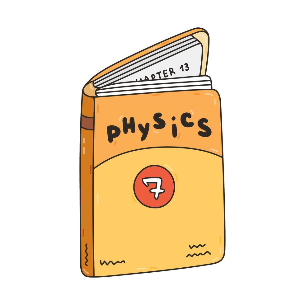Colourful open school textbook on physics for seven grade. Doodle kids academic book, literature, encyclopedia. Back to school supply for study, reading, learning. Hand drawn outline illustration. vector