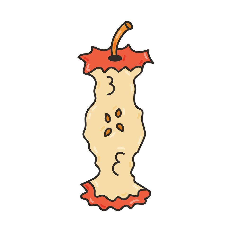 Colourful outline apple core with stem, stub and seeds. Bitten doodle apple as snack at school, organic nutrition, fitness concept. Hand drawn illustration isolated on white background vector