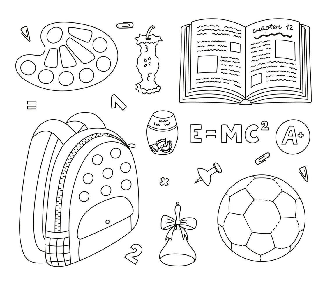 Cute doodle set with kids school supplies. Hand drawn collection of schoolbag, open text book, globe, paint palette, apple core, soccer ball. Back to school outline clipart for study, draw and work. vector