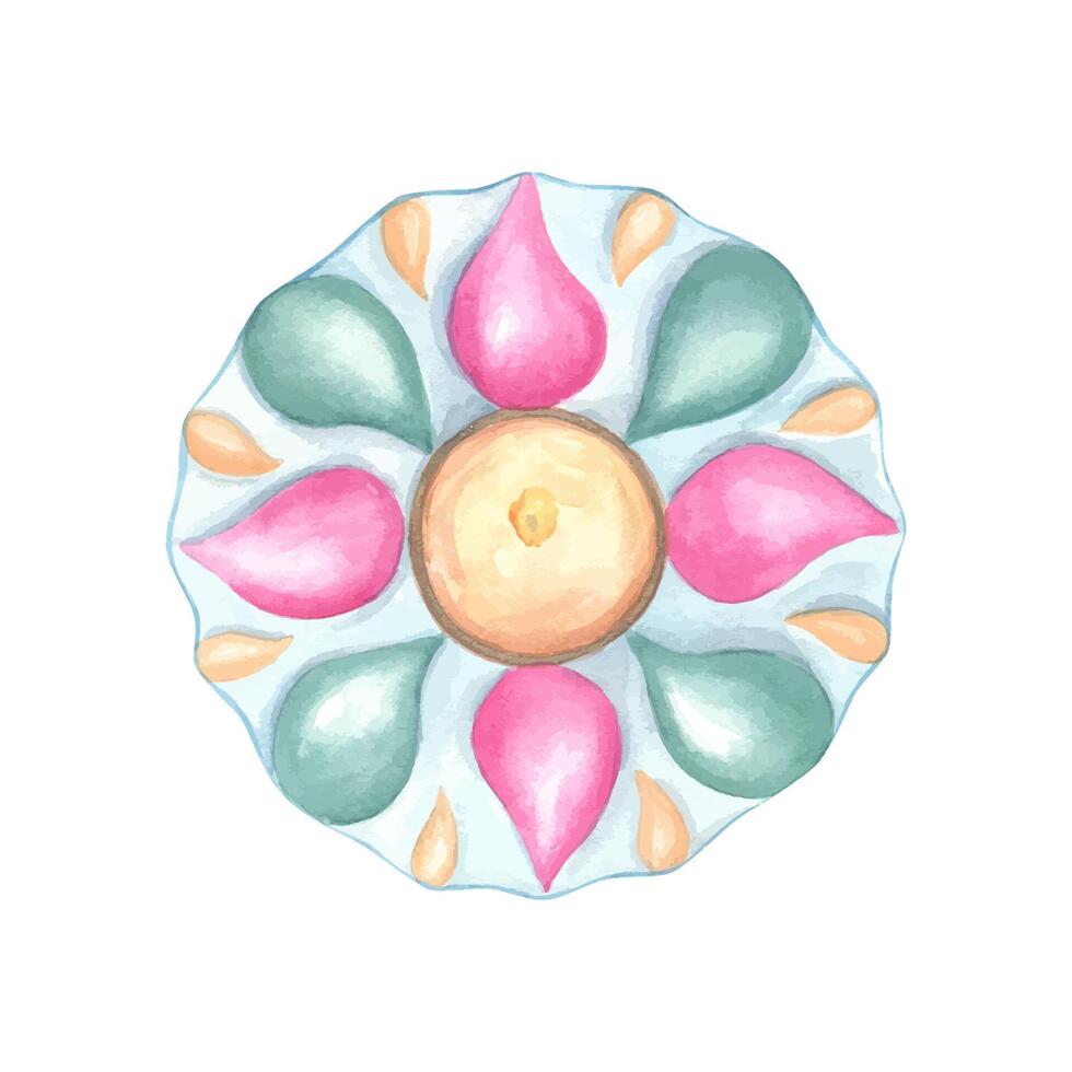 Diya in pastel colors. Colorful petals of candle. Diwali burning lamp in flower shape. Top view of religious symbol. Indian holiday. Watercolor illustration for card, greeting, festive decor vector