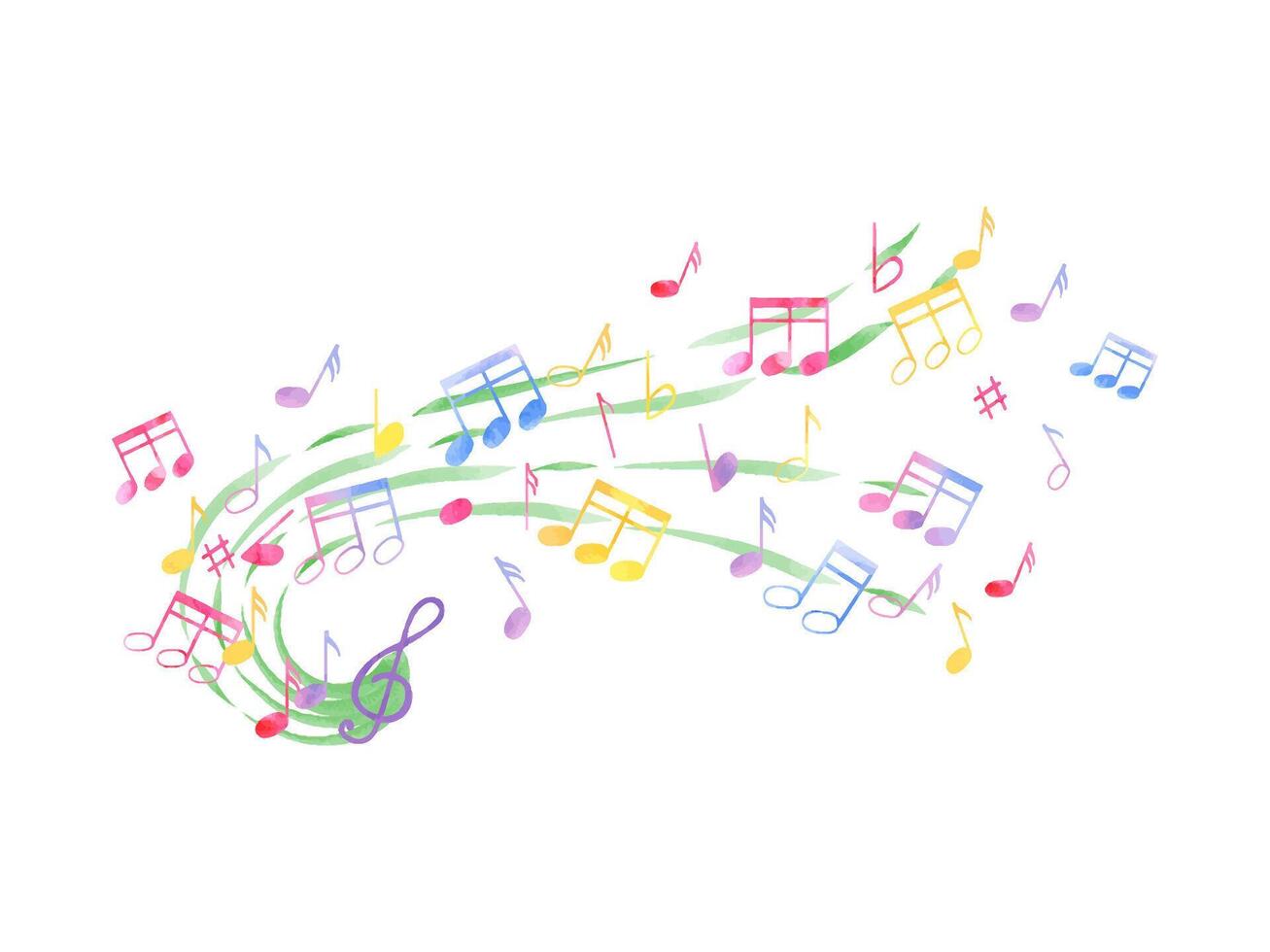 Multicolored music notes, treble clef. Notes flying through the waves of music. Rainbow color of note symbols. International Music Day. Watercolor illustration in classic style. For poster, postcard vector