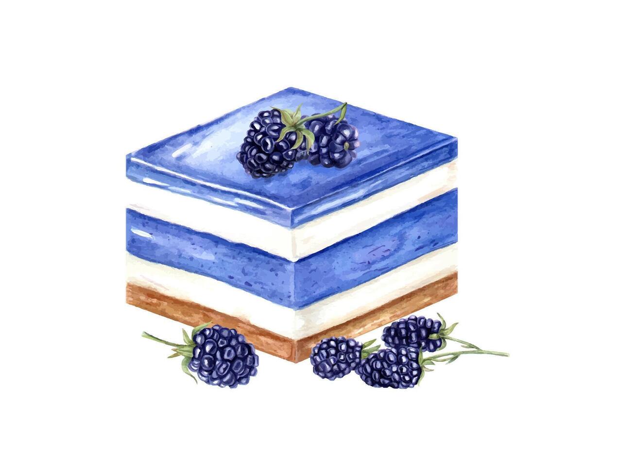 Square cake with berry yoghurt cream. White and blue mousse. Ripe blackberries on dessert. Slice of cheesecake, tart. Watercolor illustration. For recipe, menu, package design vector
