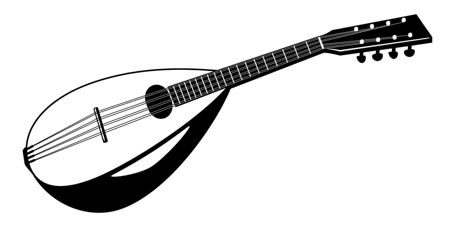 Mandolin. String music instrument. Black and white clipart isolated on white. vector